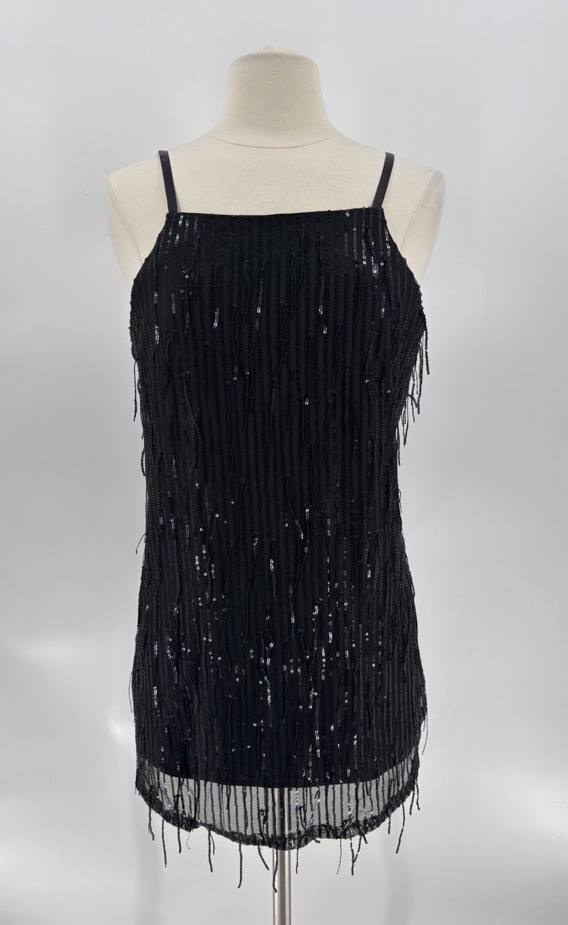Speechless Sequin Fringe Slip Dress Womens 1X Black Lined Sleeveless Mini Party